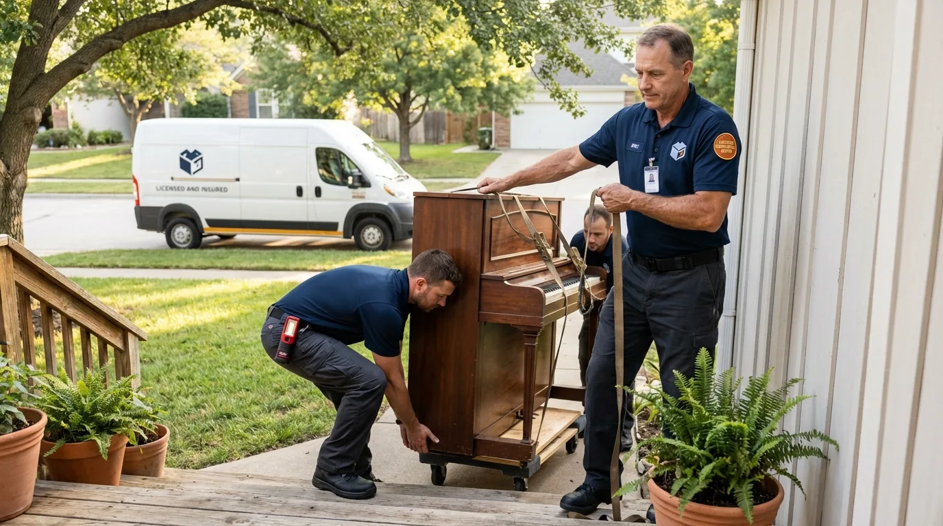 Licensed piano movers securing grand piano in Revere, MA