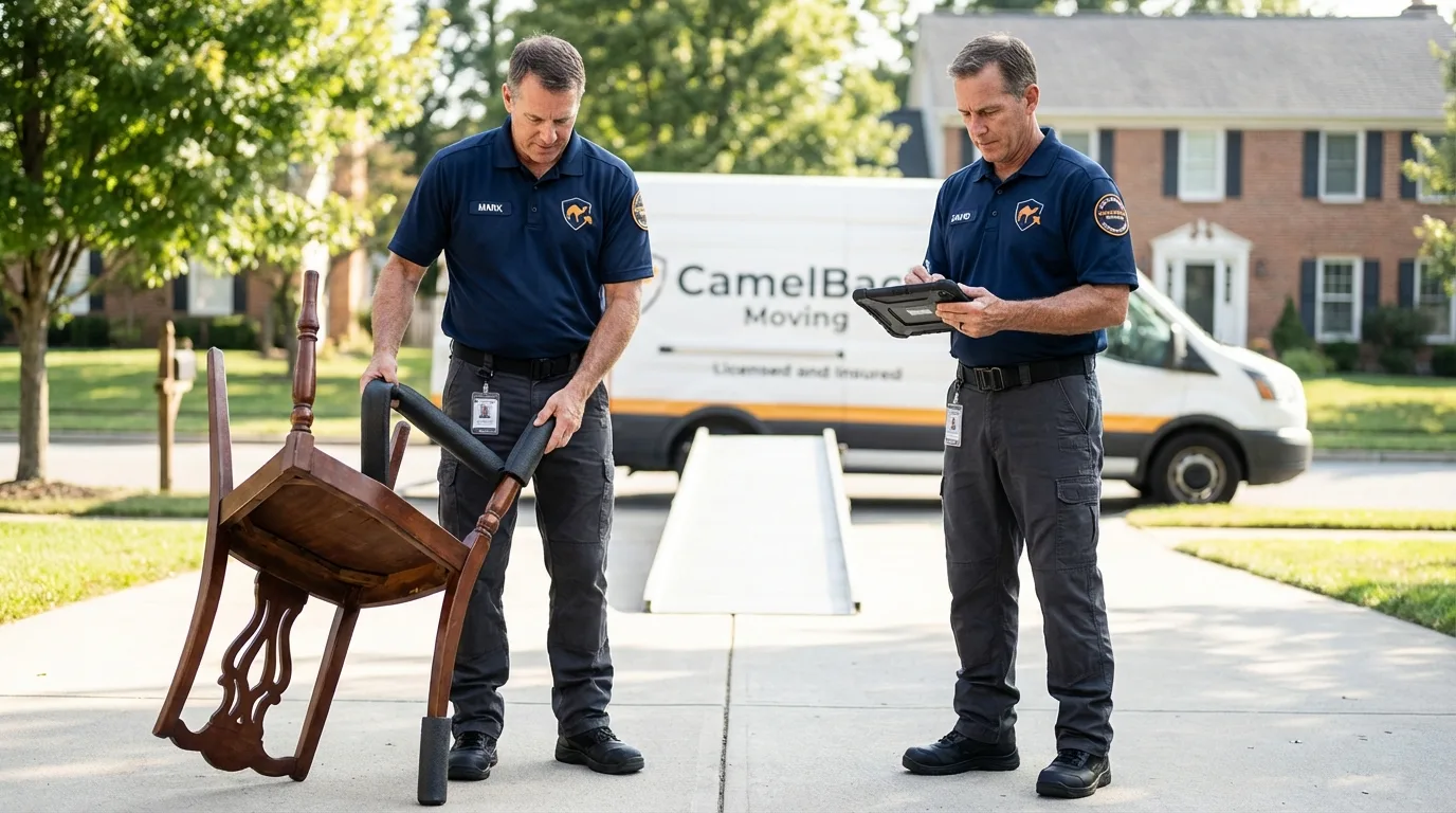 Movers inspecting furniture for damage prevention before loading in Revere, MA