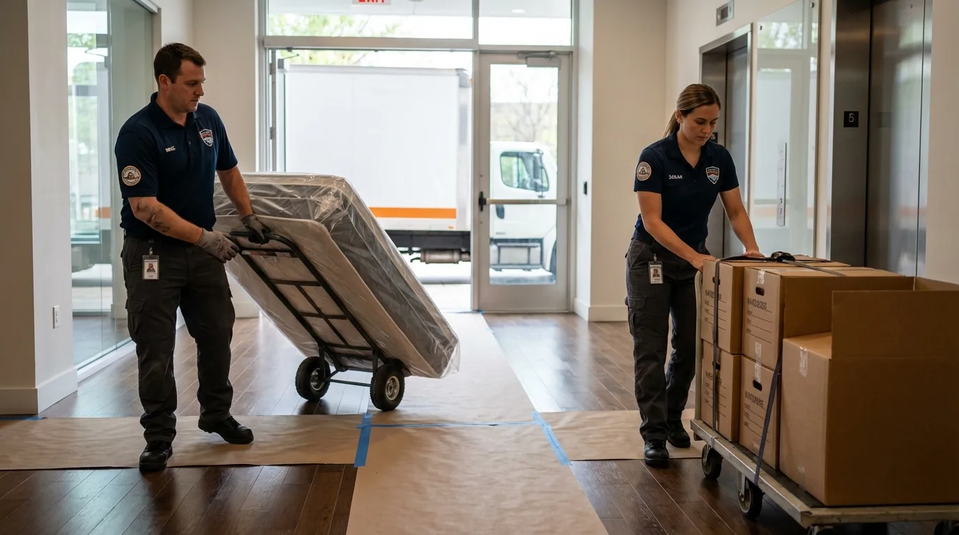 Professional apartment movers loading elevator in Revere, MA
