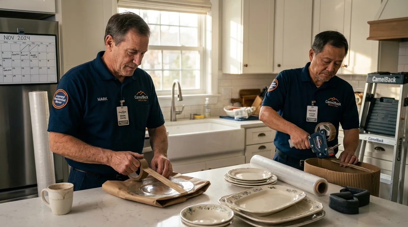 Professional crew packing kitchen dishware in Revere, MA